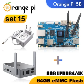 Orange Pi 5B 8 ГБ Оперативной памяти + Блок питания + Металлический корпус RK3358S 64 ГБ EMMC Wifi-BT Плата разработки Pi 5 B Одноплатный компьютер