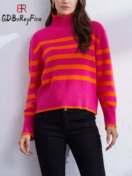 Женский полосатый свитер с высоким воротом, Новинка 2023 года, Повседневный свободный пуловер, топы с длинными рукавами, джемпер, вязаные укороченные свитера для женщин