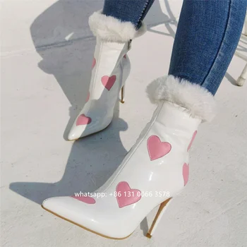 Теплые зимние женские ботильоны из белой кожи с мехом в виде розового сердечка на тонком высоком каблуке с острым носком и застежкой-молнией zapatillas de Hombre, женская обувь для вечеринок