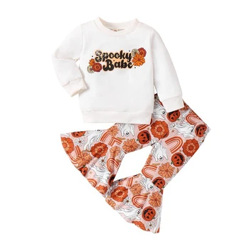 Весенне-осенний комплект для маленьких девочек, хлопковая футболка с длинными рукавами и цветочным принтом, расклешенный костюм, детская одежда для девочек