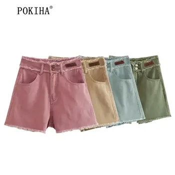 Pokiha, модные женские винтажные боковые карманы с высокой талией, Повседневные Удобные джинсовые шорты, женские шикарные панталоны на тонкой молнии.