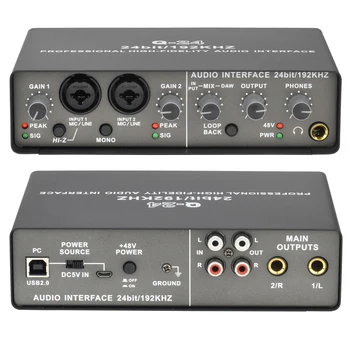 Профессиональный аудиоинтерфейс 24 бит 192 кГц, звуковая карта с 2 входами для электрогитары с обратной связью USB, внешняя студийная запись на ПК Q24